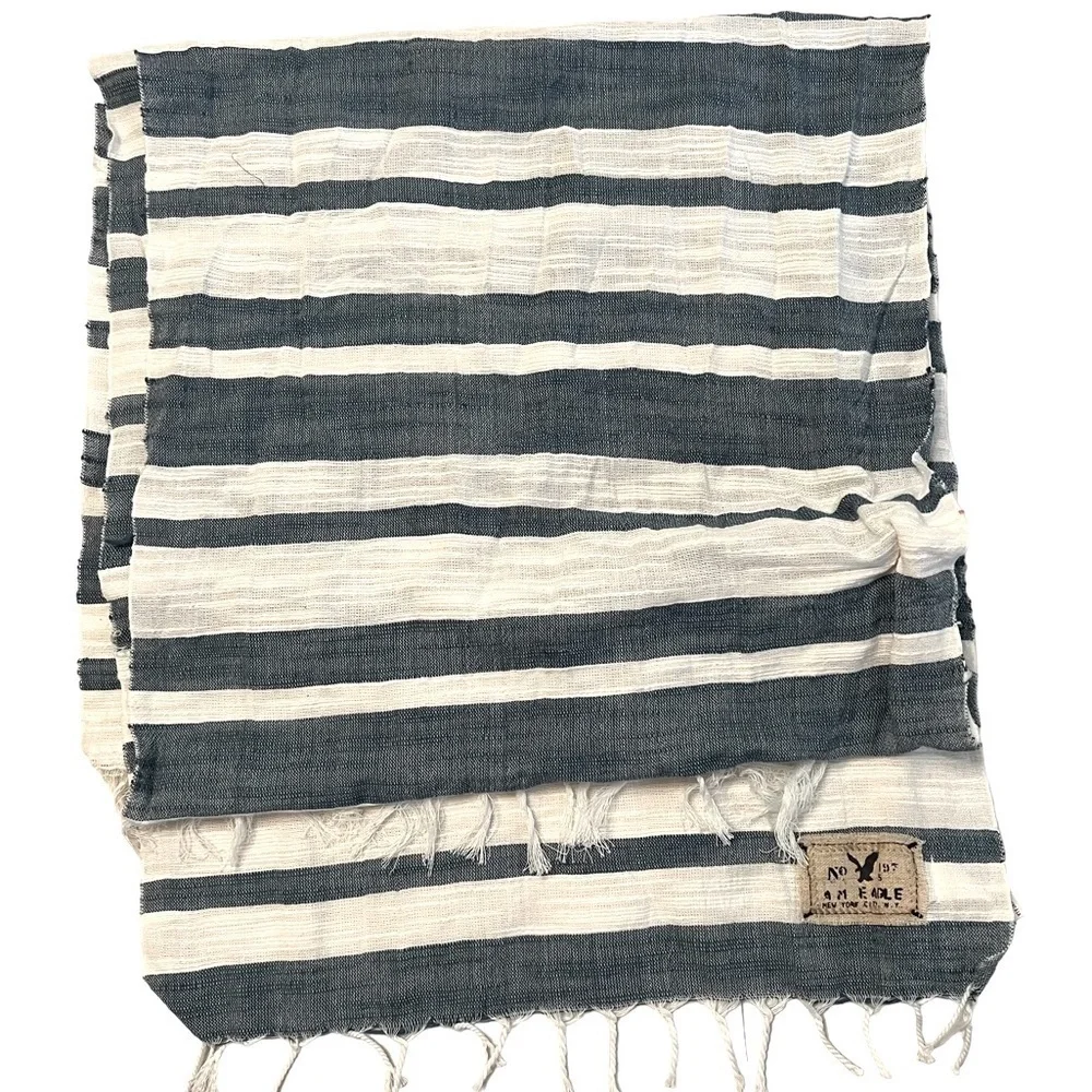 AEO Lightweight Textured Blue & White 100% Cotton Striped Scarf w/ Fringe